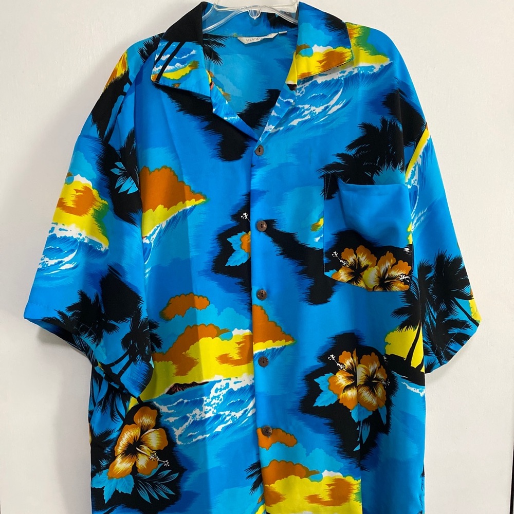 Men's Hawaiian Blue Palm Tree Floral Shirt Size 2X